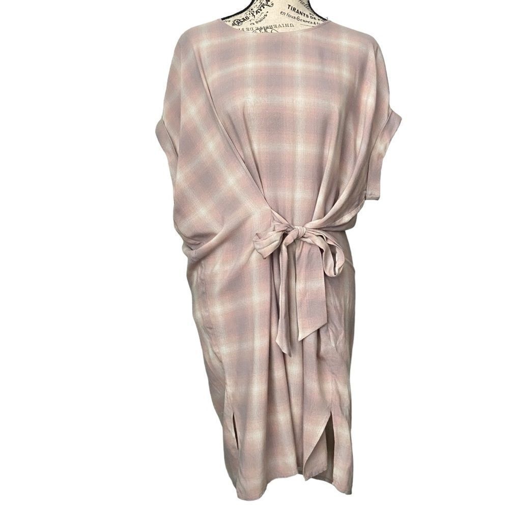 All Saints Sonny Check Short Sleeve Front Tie Shift Light Pink Dress Size US 2 - Picture 7 of 12